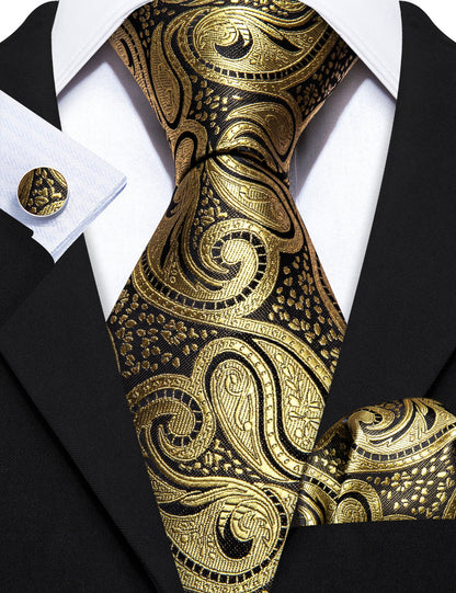 Gold Black Paisley Silk Tie, Pocket Square and Cufflinks Set tie sets    - Sophisticated Gentlemen