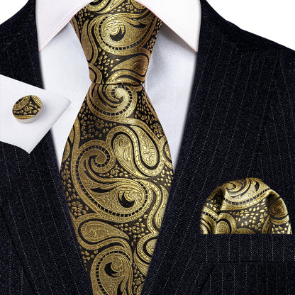 Gold Black Paisley Silk Tie, Pocket Square and Cufflinks Set tie sets    - Sophisticated Gentlemen