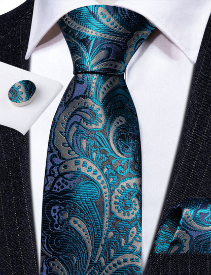 Blue Silver Paisley Silk Tie, Pocket Square and Cufflinks Set tie sets    - Sophisticated Gentlemen