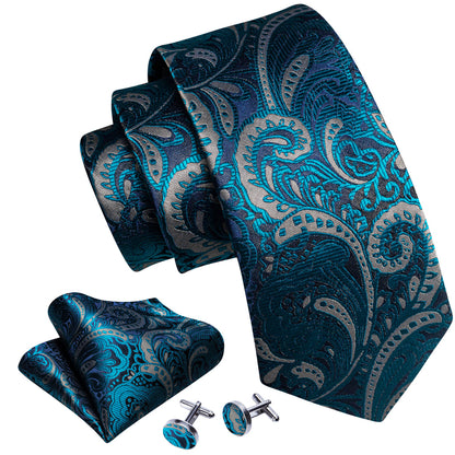 Blue Silver Paisley Silk Tie, Pocket Square and Cufflinks Set tie sets    - Sophisticated Gentlemen