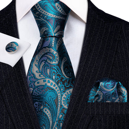 Blue Silver Paisley Silk Tie, Pocket Square and Cufflinks Set tie sets    - Sophisticated Gentlemen