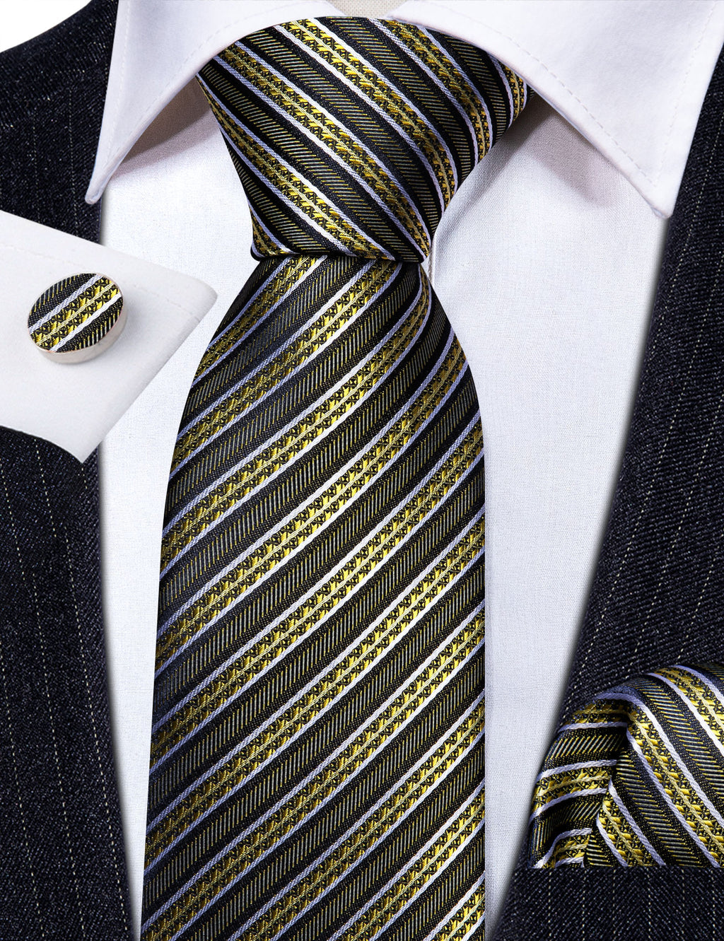 Green Yellow Striped Silk Tie, Pocket Square and Cufflinks Set tie sets    - Sophisticated Gentlemen