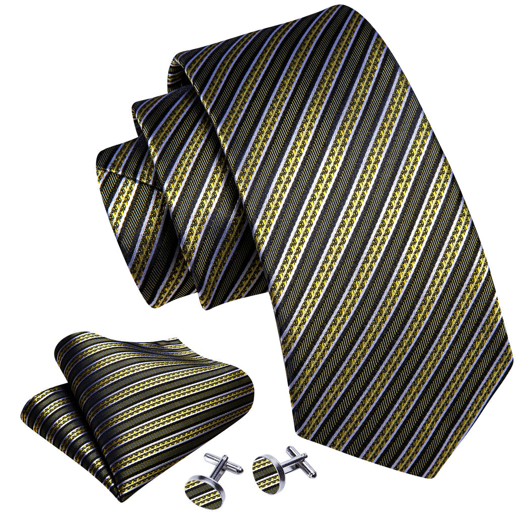 Green Yellow Striped Silk Tie, Pocket Square and Cufflinks Set tie sets    - Sophisticated Gentlemen