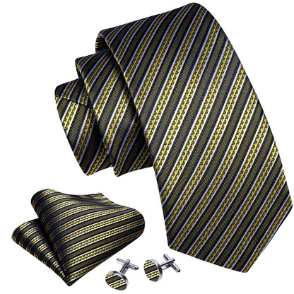 Green Yellow Striped Silk Tie, Pocket Square and Cufflinks Set tie sets    - Sophisticated Gentlemen