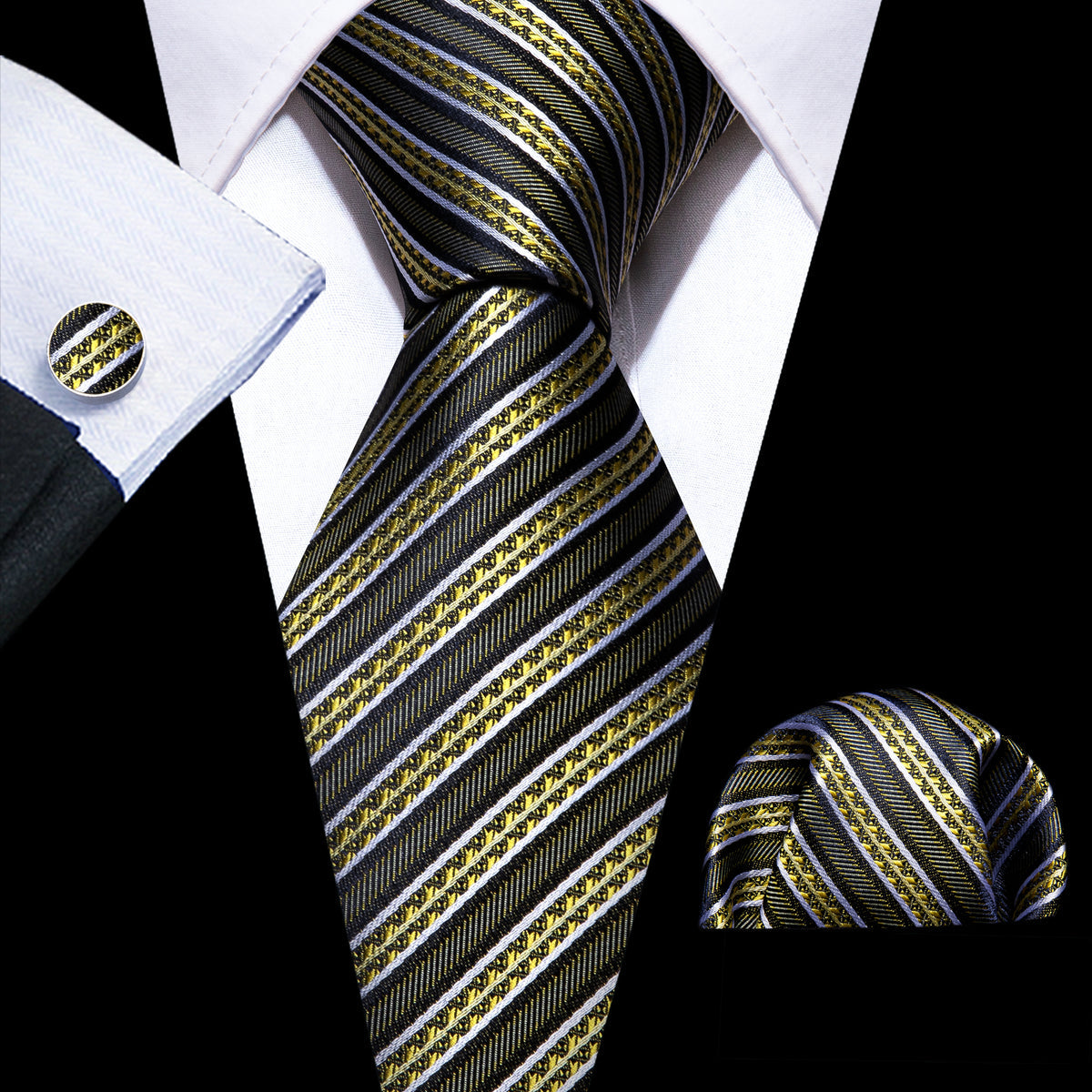 Green Yellow Striped Silk Tie, Pocket Square and Cufflinks Set tie sets    - Sophisticated Gentlemen