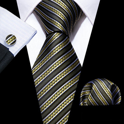 Green Yellow Striped Silk Tie, Pocket Square and Cufflinks Set tie sets    - Sophisticated Gentlemen