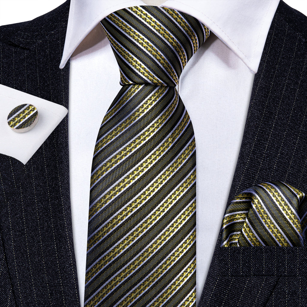 Green Yellow Striped Silk Tie, Pocket Square and Cufflinks Set tie sets    - Sophisticated Gentlemen