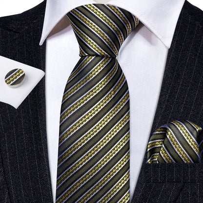 Green Yellow Striped Silk Tie, Pocket Square and Cufflinks Set tie sets    - Sophisticated Gentlemen