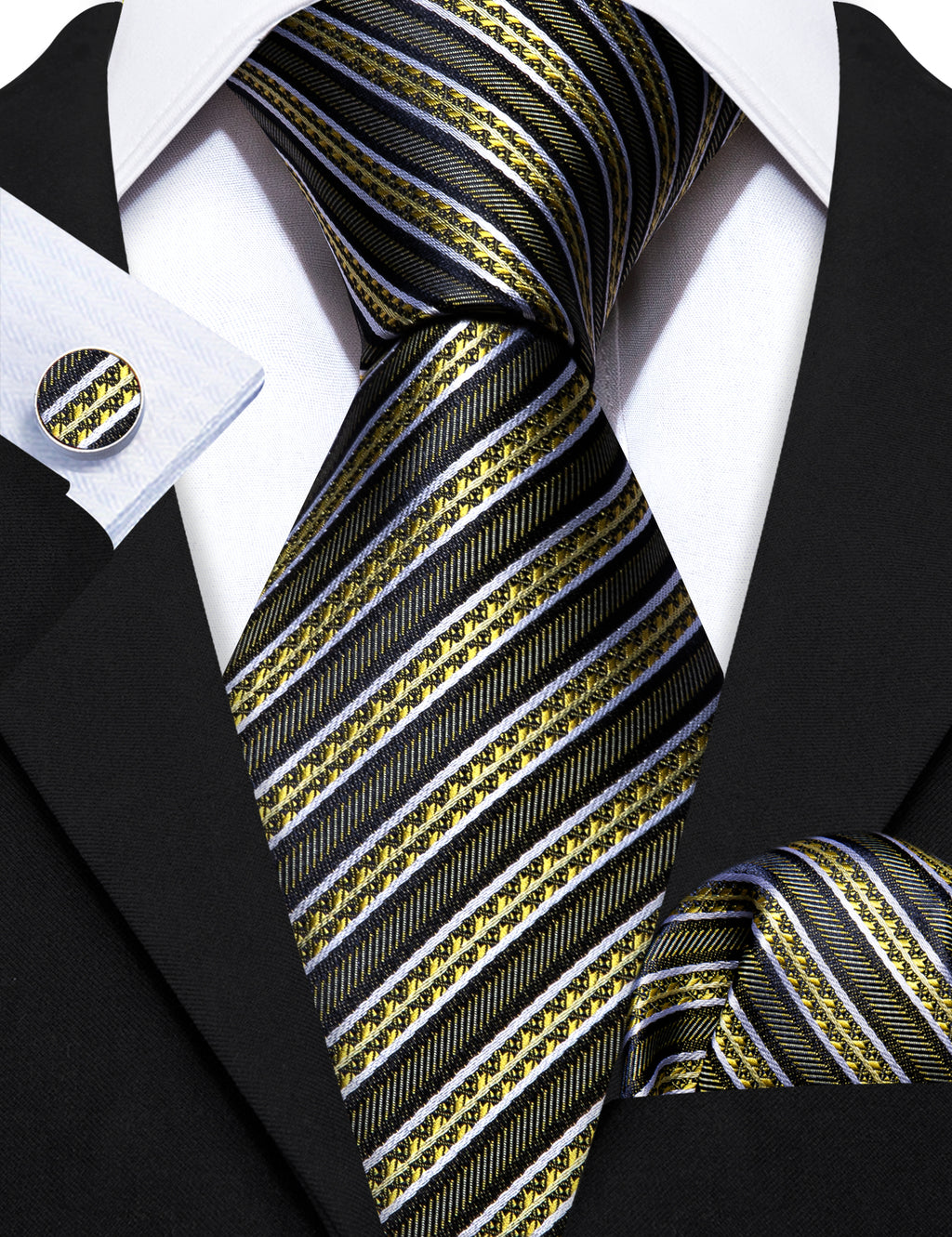 Green Yellow Striped Silk Tie, Pocket Square and Cufflinks Set tie sets    - Sophisticated Gentlemen