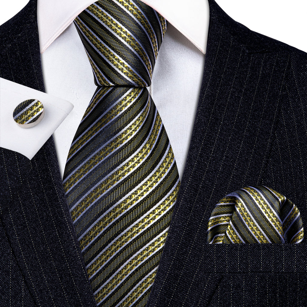 Green Yellow Striped Silk Tie, Pocket Square and Cufflinks Set tie sets    - Sophisticated Gentlemen