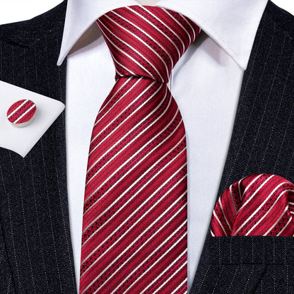 Red White Striped Silk Tie, Pocket Square and Cufflinks Set tie sets    - Sophisticated Gentlemen