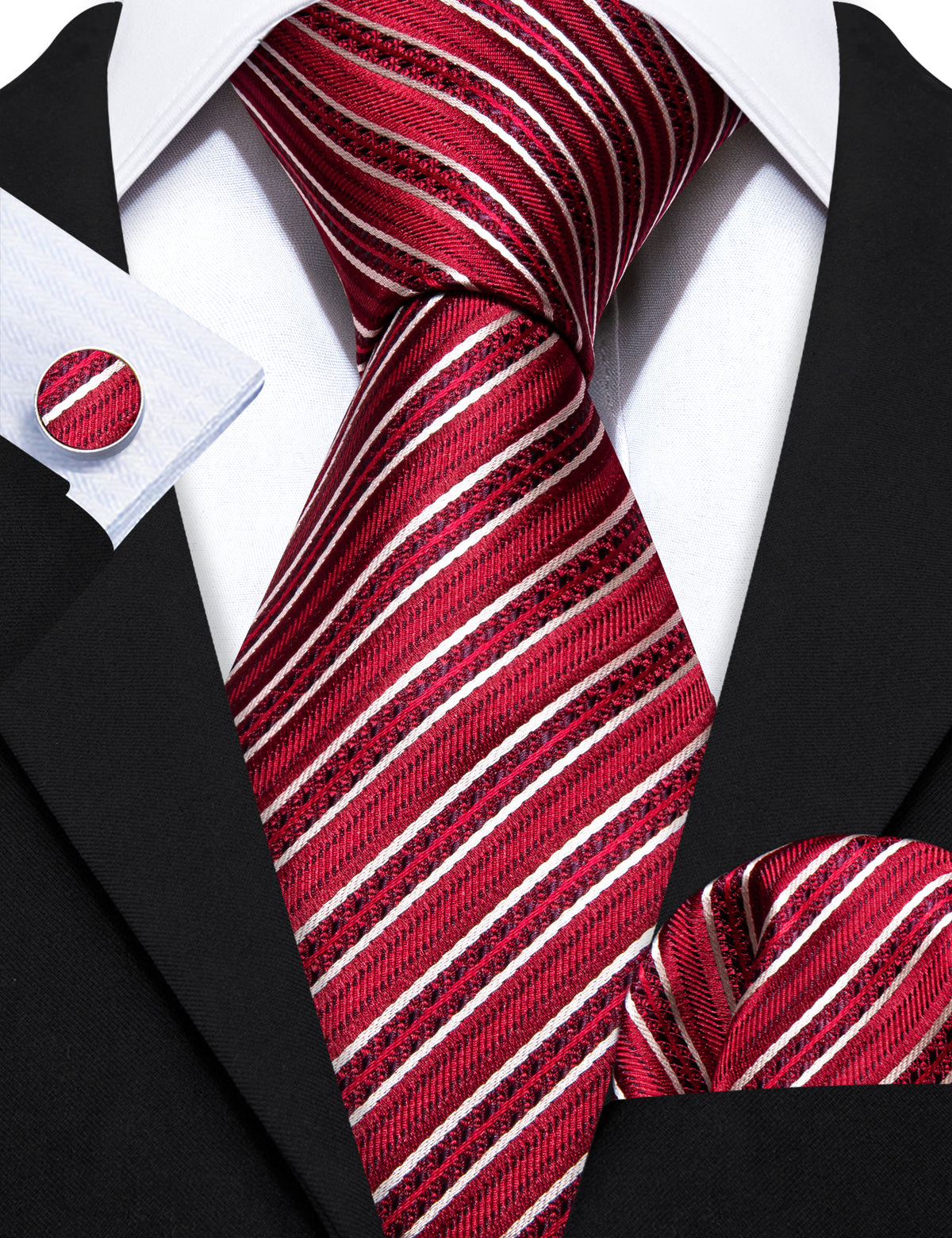Red White Striped Silk Tie, Pocket Square and Cufflinks Set tie sets    - Sophisticated Gentlemen