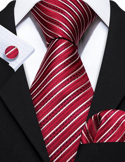 Red White Striped Silk Tie, Pocket Square and Cufflinks Set tie sets    - Sophisticated Gentlemen