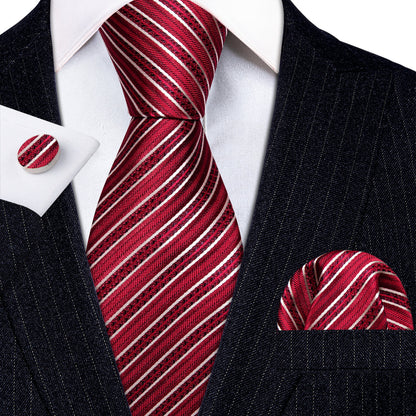 Red White Striped Silk Tie, Pocket Square and Cufflinks Set tie sets    - Sophisticated Gentlemen