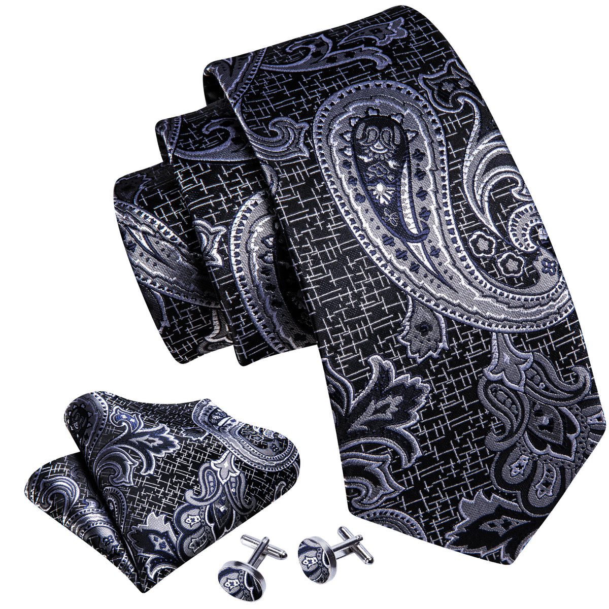 Black Silver Paisley Silk Tie, Pocket Square and Cufflinks Set tie sets    - Sophisticated Gentlemen