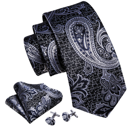Black Silver Paisley Silk Tie, Pocket Square and Cufflinks Set tie sets    - Sophisticated Gentlemen