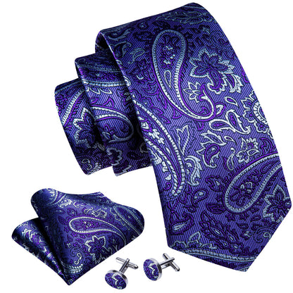 Midnight Blue Purple White Paisley Silk Tie, Pocket Square and Cufflinks Set tie sets    - Sophisticated Gentlemen