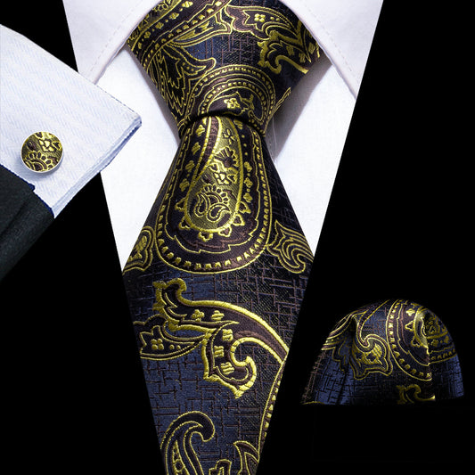 Gold Blue Silk Tie, Pocket Square and Cufflinks Set tie sets    - Sophisticated Gentlemen