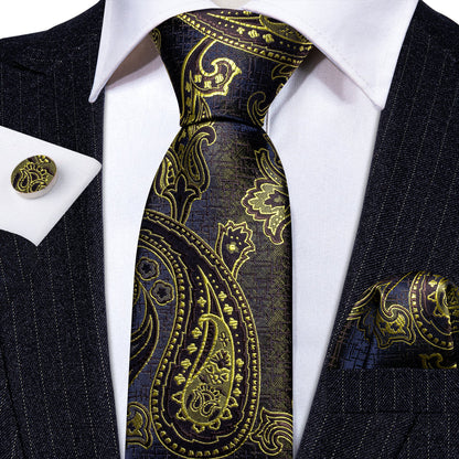 Gold Blue Silk Tie, Pocket Square and Cufflinks Set tie sets    - Sophisticated Gentlemen