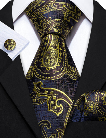 Gold Blue Silk Tie, Pocket Square and Cufflinks Set tie sets    - Sophisticated Gentlemen