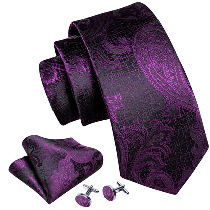 Purple Black Luxury Paisley Silk Tie, Pocket Square and Cufflinks Set tie sets    - Sophisticated Gentlemen