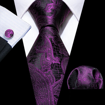 Purple Black Luxury Paisley Silk Tie, Pocket Square and Cufflinks Set tie sets    - Sophisticated Gentlemen