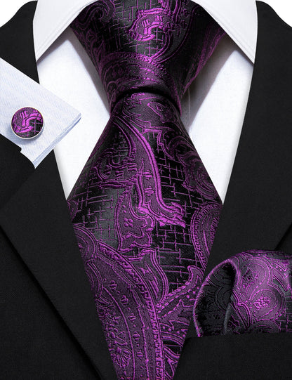 Purple Black Luxury Paisley Silk Tie, Pocket Square and Cufflinks Set tie sets    - Sophisticated Gentlemen