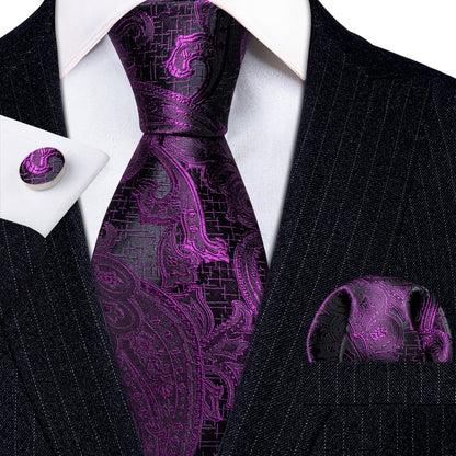 Purple Black Luxury Paisley Silk Tie, Pocket Square and Cufflinks Set tie sets    - Sophisticated Gentlemen