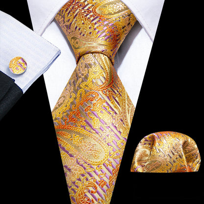Golden Floral Silk Tie, Pocket Square and Cufflinks Set tie sets    - Sophisticated Gentlemen