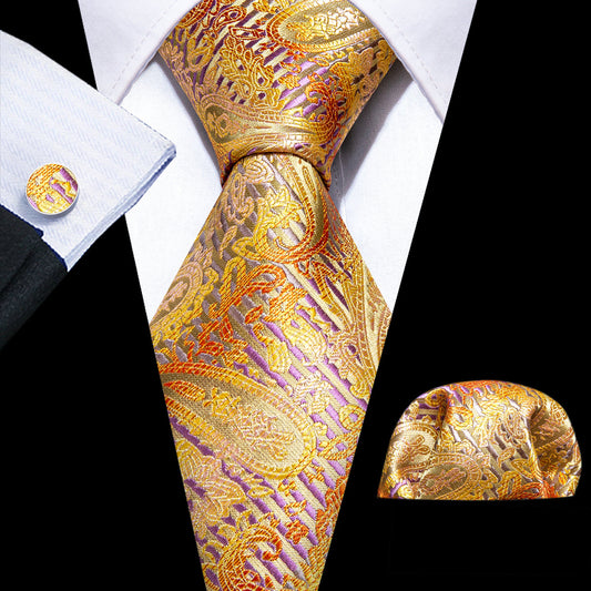 Golden Floral Silk Tie, Pocket Square and Cufflinks Set tie sets    - Sophisticated Gentlemen