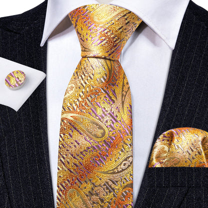 Golden Floral Silk Tie, Pocket Square and Cufflinks Set tie sets    - Sophisticated Gentlemen