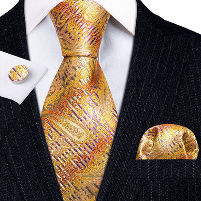 Golden Floral Silk Tie, Pocket Square and Cufflinks Set tie sets    - Sophisticated Gentlemen