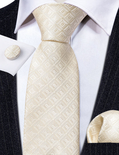 Cream Novelty Geometry Silk Tie, Pocket Square and Cufflinks Set tie sets    - Sophisticated Gentlemen