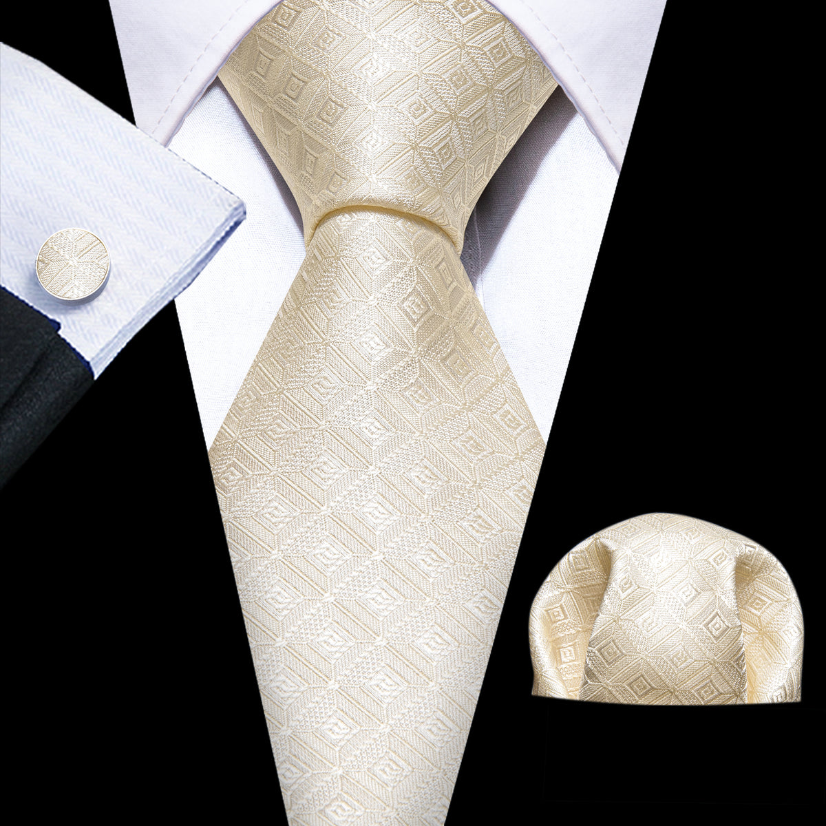 Cream Novelty Geometry Silk Tie, Pocket Square and Cufflinks Set tie sets    - Sophisticated Gentlemen