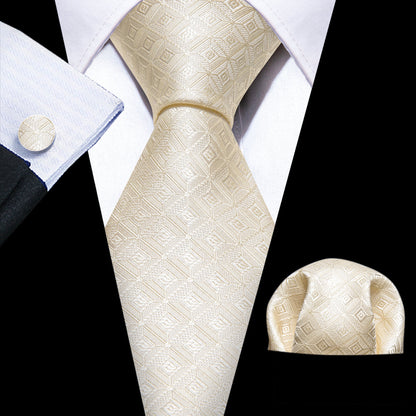 Cream Novelty Geometry Silk Tie, Pocket Square and Cufflinks Set tie sets    - Sophisticated Gentlemen