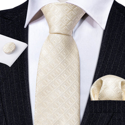 Cream Novelty Geometry Silk Tie, Pocket Square and Cufflinks Set tie sets    - Sophisticated Gentlemen
