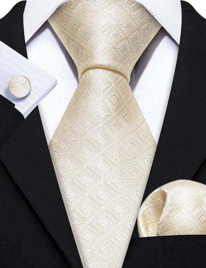 Cream Novelty Geometry Silk Tie, Pocket Square and Cufflinks Set tie sets    - Sophisticated Gentlemen