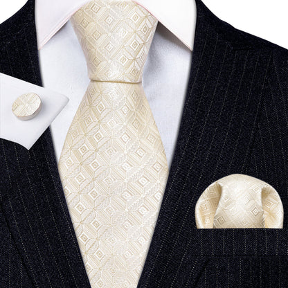 Cream Novelty Geometry Silk Tie, Pocket Square and Cufflinks Set tie sets    - Sophisticated Gentlemen