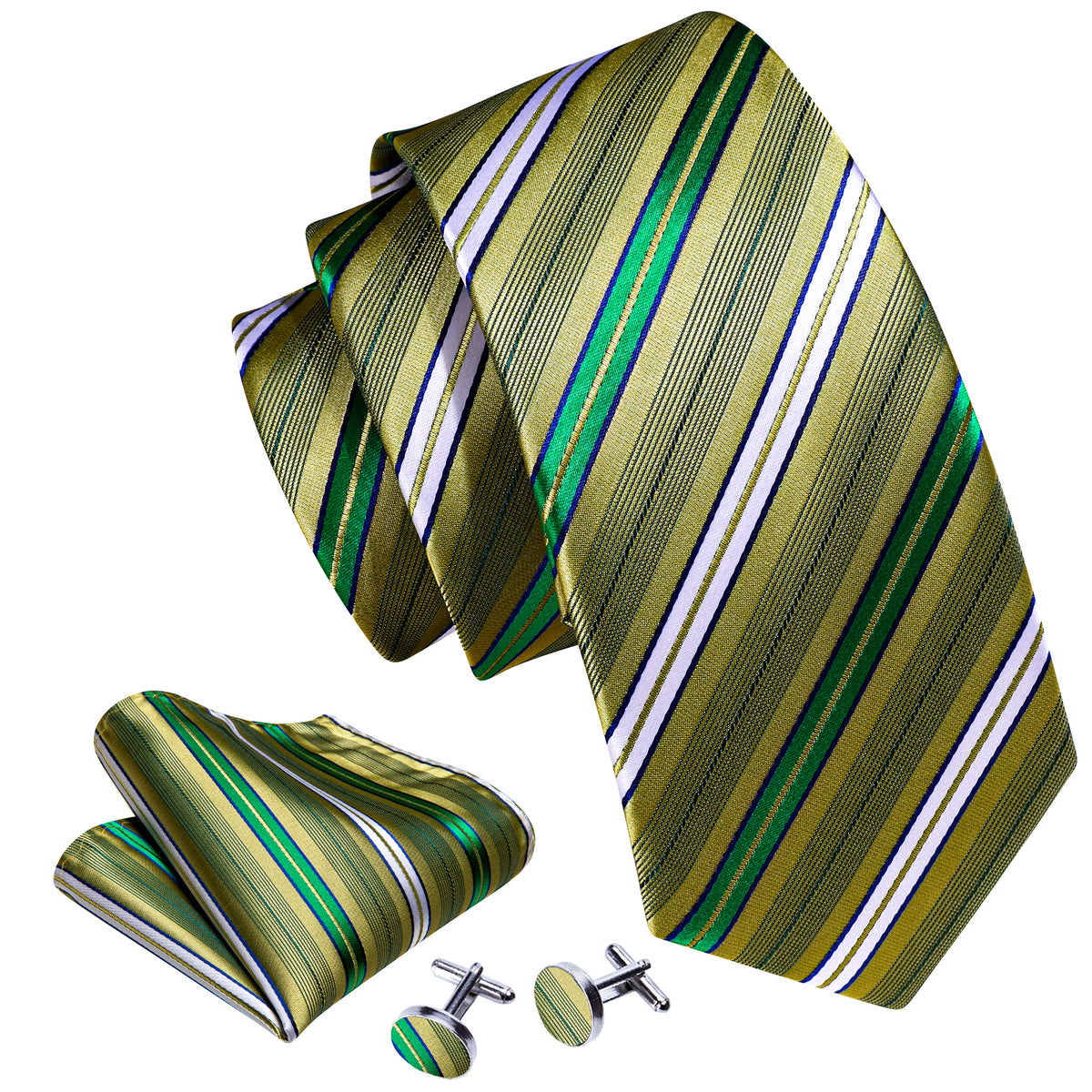 Green Yellow Striped Silk Tie, Pocket Square and Cufflinks Set tie sets    - Sophisticated Gentlemen