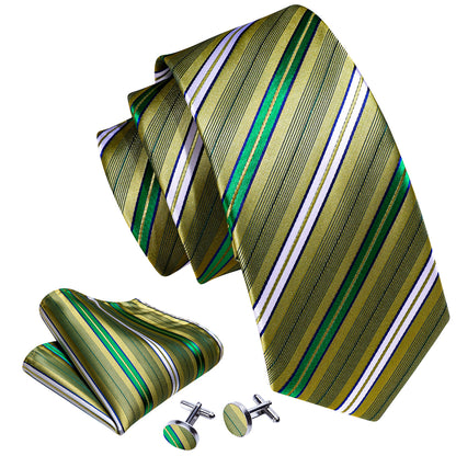 Green Yellow Striped Silk Tie, Pocket Square and Cufflinks Set tie sets    - Sophisticated Gentlemen