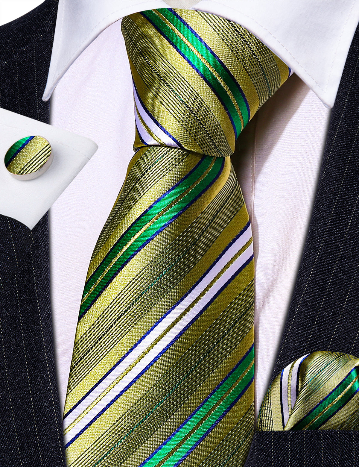 Green Yellow Striped Silk Tie, Pocket Square and Cufflinks Set tie sets    - Sophisticated Gentlemen