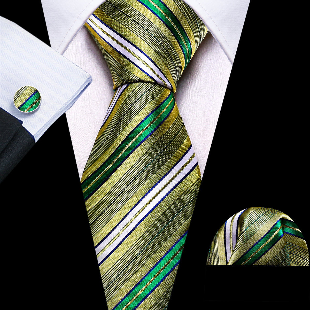 Green Yellow Striped Silk Tie, Pocket Square and Cufflinks Set tie sets    - Sophisticated Gentlemen