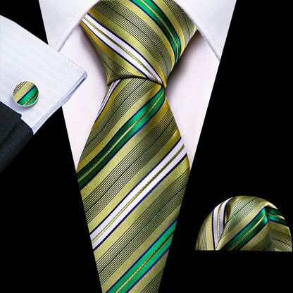 Green Yellow Striped Silk Tie, Pocket Square and Cufflinks Set tie sets    - Sophisticated Gentlemen
