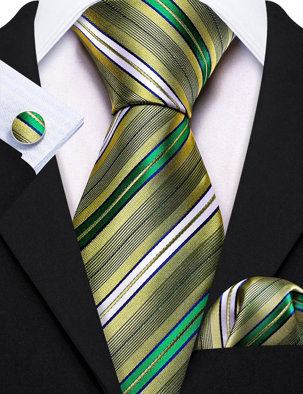Green Yellow Striped Silk Tie, Pocket Square and Cufflinks Set tie sets    - Sophisticated Gentlemen
