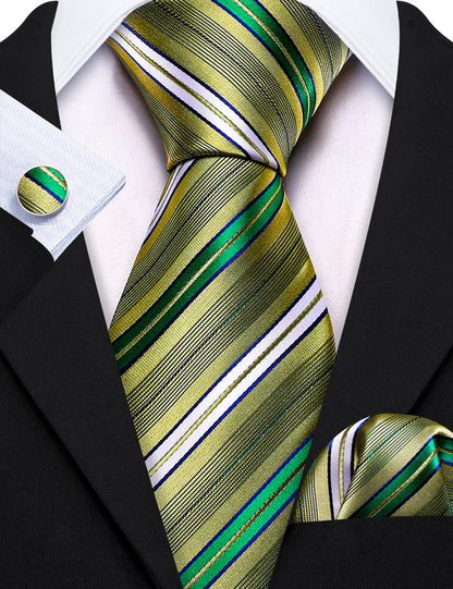 Green Yellow Striped Silk Tie, Pocket Square and Cufflinks Set tie sets    - Sophisticated Gentlemen