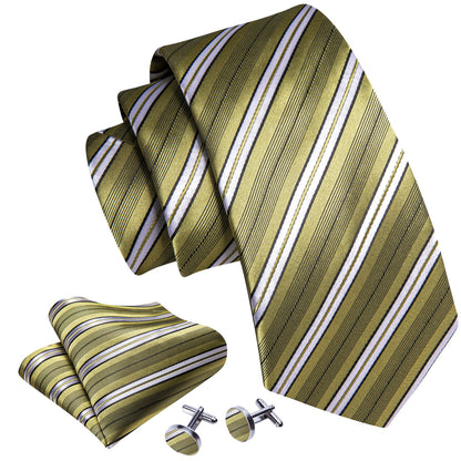 LemonChiffon Yellow White Striped Silk Tie, Pocket Square and Cufflinks Set tie sets    - Sophisticated Gentlemen