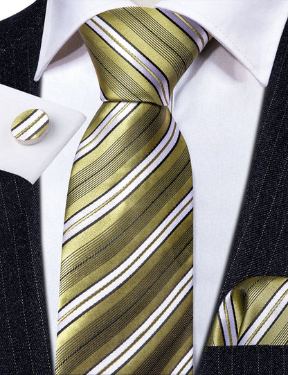 LemonChiffon Yellow White Striped Silk Tie, Pocket Square and Cufflinks Set tie sets    - Sophisticated Gentlemen