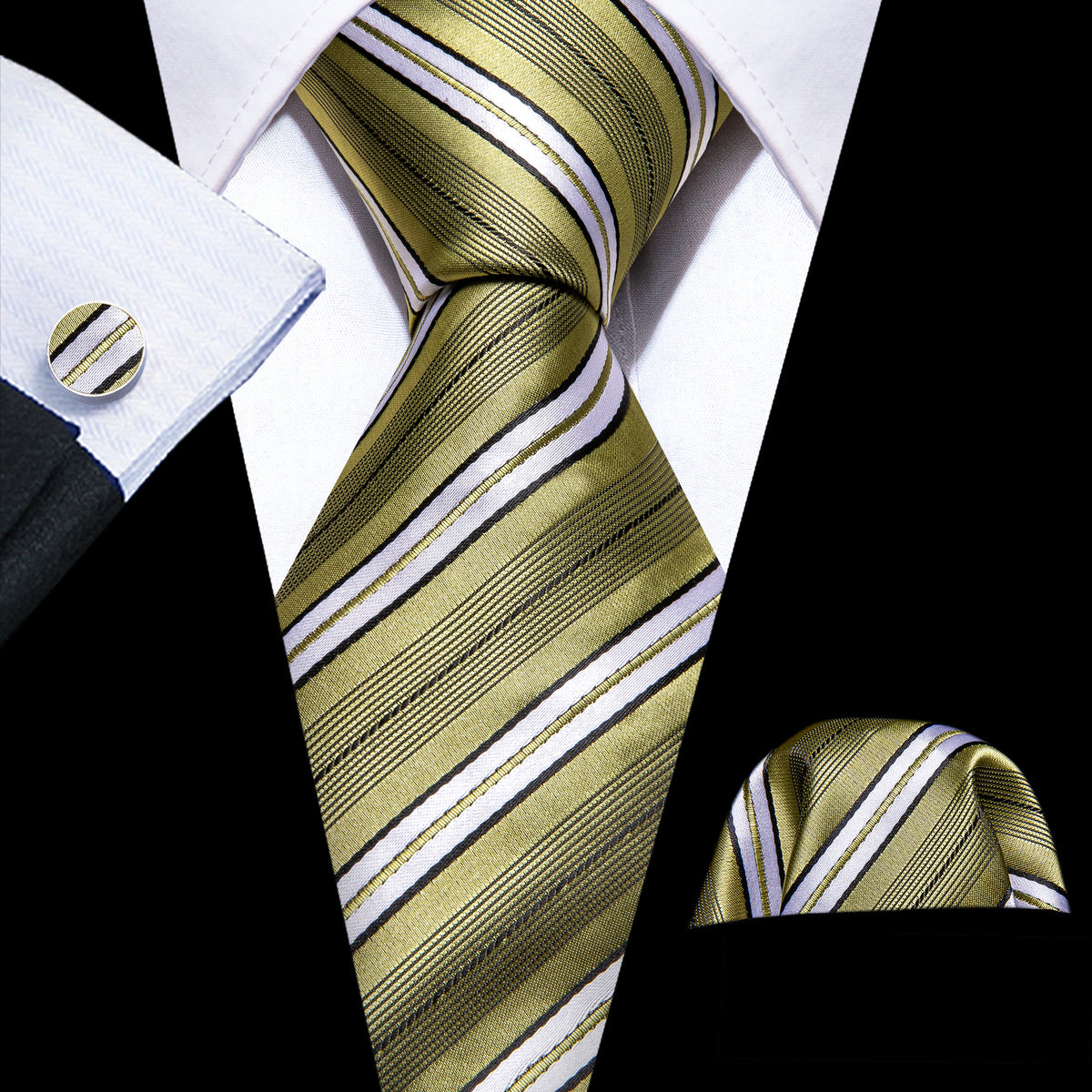 LemonChiffon Yellow White Striped Silk Tie, Pocket Square and Cufflinks Set tie sets    - Sophisticated Gentlemen