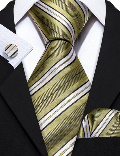 LemonChiffon Yellow White Striped Silk Tie, Pocket Square and Cufflinks Set tie sets    - Sophisticated Gentlemen