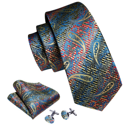 Shining Blue Red Paisley Silk Tie, Pocket Square and Cufflinks Set tie sets    - Sophisticated Gentlemen